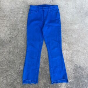 Mother Denim High Rise Flare Jeans Cobalt Blue Raw Hem Frayed 26
